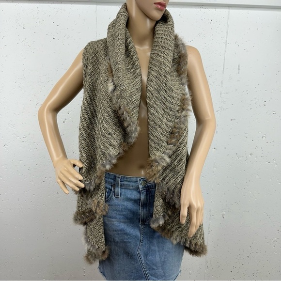 Alberto Makali Size Medium Alpaca Wool Knit Blend Rabbit Fur Trim Vest Cardigan - Picture 1 of 15